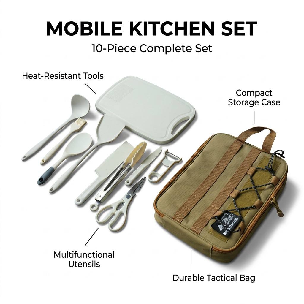 Camping Cooking Utensil Bag - Portable 9Pcs Camping Kitchenware Set Outdoor